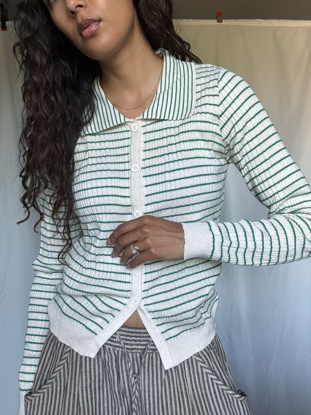 Striped Green & White Button-Up Women's Sweater